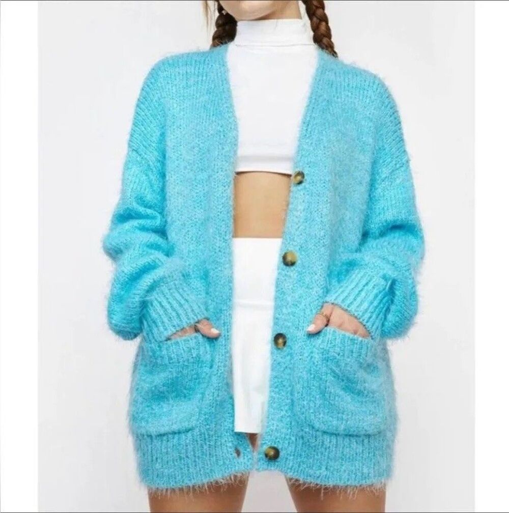 Free People Nevermind Cardigan Sweater Blue Butterfly XS Oversized Fuzzy Knit